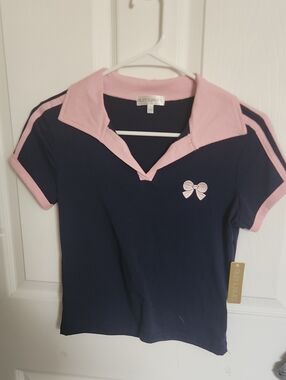 Girls Navy Polo Top with Pink Trim and Bow -